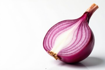 Close-up of red onion, showing layers, against pure white, detail, red onion, root vegetable