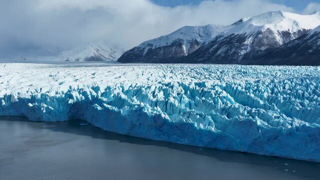 Perito Moreno Glacier In El Calafate Patagonia Argentina. Stunning View Of Icebergs Breaking Off Into The Water . Nature Travel Destination Snow Covered Forest Trees.