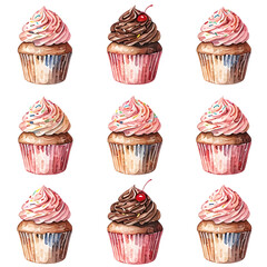 Watercolor Cupcake Pattern with Chocolate and Strawberry Frosting – Seamless Dessert Illustration

