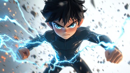 Young boy, intense, dynamic pose, surrounded by lightning