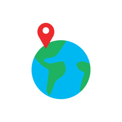 Earth globe with red map pin. Great for global logistics, international services, GPS navigation, and worldwide travel apps.