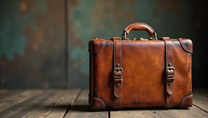 Worn vintage suitcase, weathered leather, antique travel bag, retro luggage , dark brown background, antique suitcase