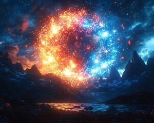 Obraz premium Colorful fireworks explosion lighting up the night sky behind silhouetted mountain peaks