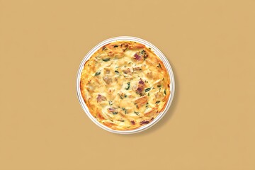 Delicious baked quiche on beige background