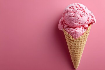 Pink ice cream in a waffle cone on a vibrant pink background during a sunny afternoon