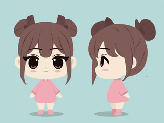 cute and beautiful girl posing in chibi, anime, manga, minimalist flat style, vector illustration