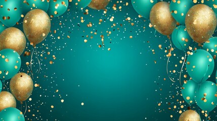birthday party balloons, Celebration background with teal golden confetti and teal balloons.