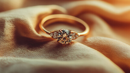 Obraz premium Close-up of an engagement ring with a diamond on a beige fabric background.