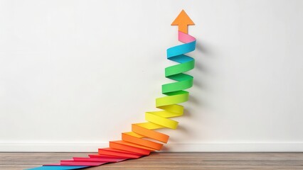 A colorful spiral arrow made of paper rises upward, symbolizing growth, progress, and upward movement on a plain background.