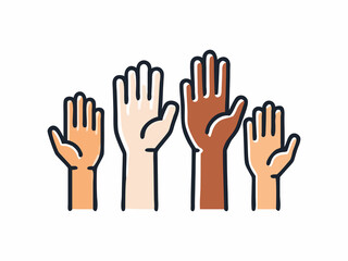 Three stylized hands raised high in a celebratory gesture, depicted with bold red outlines and a dynamic, hand-drawn style against a white background.