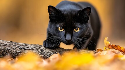 Black Cat on Branch with Golden Eyes in Autumn