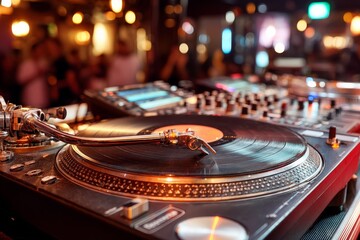 Nightlife setting with turntable playing vinyl in vibrant club atmosphere filled with energy and excitement