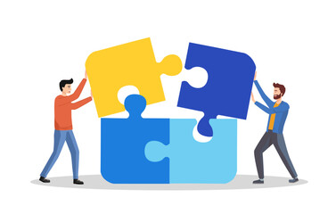 Teamwork of people that collect a puzzle. Concept for infographics, web banner. Flat isometric vector illustration.
