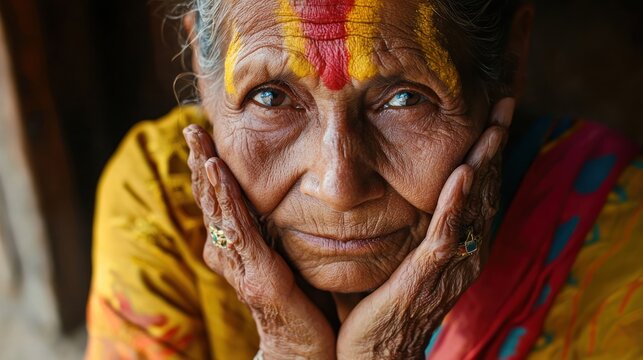 A thoughtful elderly woman with deep lines on her face, reflecting wisdom.