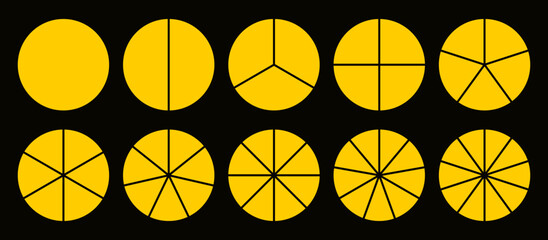 Infographic icon pie circles set divided radius in yellow color. Segments of circle with 1 to 10 pieces. Pie diagram set. Divided circle sections set. Vector illustration