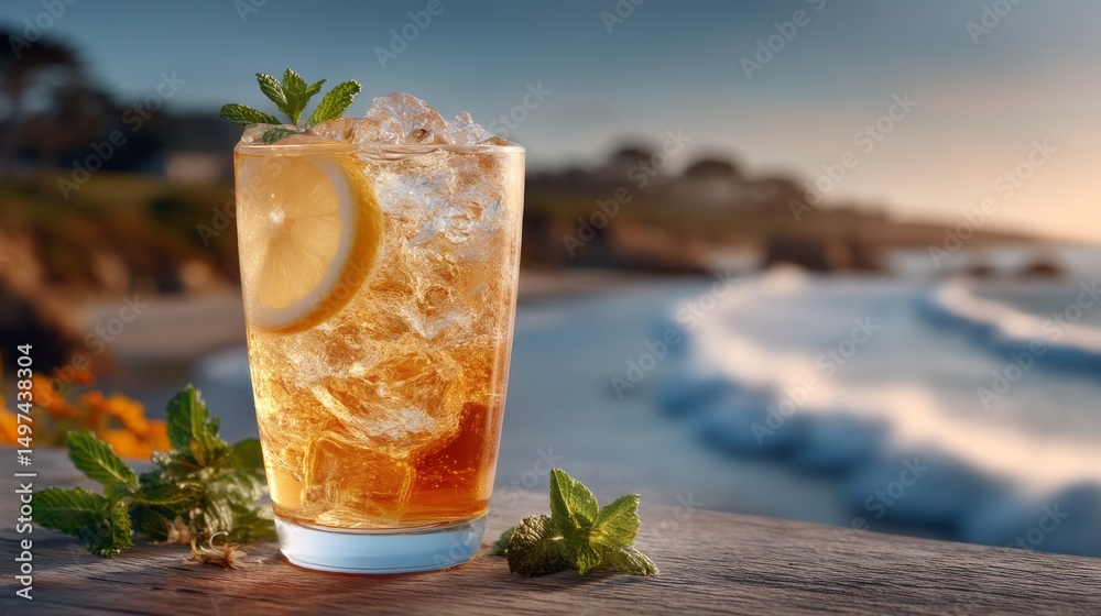 Poster a tall glass filled with cold iced tea and fresh lemon slices rests on a wooden table. the sparkling