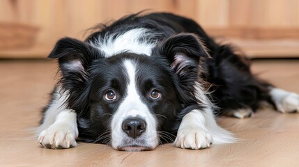 Fototapeta premium Adorable Border Collie Dog Lying on Wooden Floor