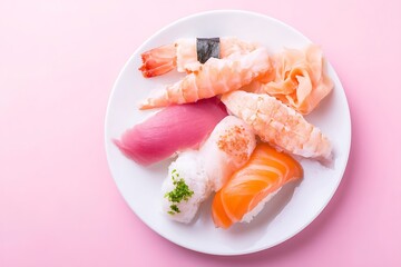 Assorted nigiri sushi on pink backdrop