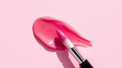 Obraz premium Smears of shining lip gloss and lip gloss brush on pink background hard shadows