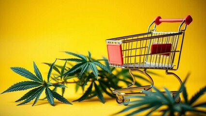 Shopping trolley and leaves of marijuana on yellow background Legal cannabis concept