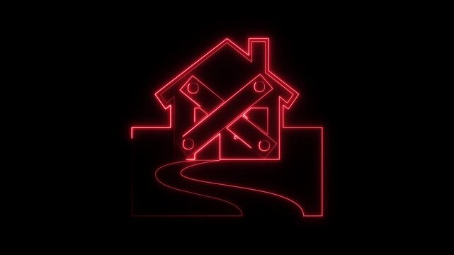 Home icon animation glowing neon blue color sign symbol on black background