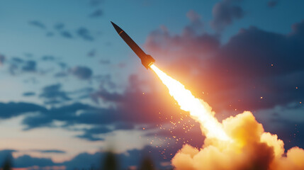 Fototapeta premium Dramatic missile launch against colorful sky, showcasing power and technology of modern weaponry