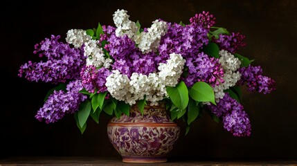 Fototapeta premium Purple and White Lilac Bouquet in Vintage Vase