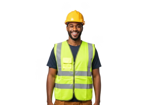 Smiling construction worker wearing hard hat isolated on transparent background