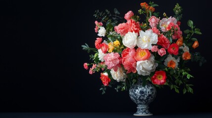 Fototapeta premium Vibrant Coral White Peony Bouquet in Blue Vase