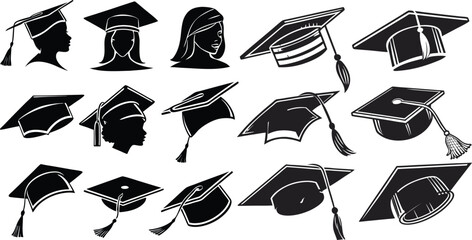 Graduation cap icon set, university or college graduate hat icon, student hat outline and filled vector sign. Education symbol, logo silhouette vector