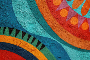 Vibrant mural featuring colorful geometric patterns and shapes in shades of orange, blue, and yellow, celebrating cultural heritage and artistic expression in a lively urban environment