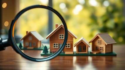 Magnifying glass and wooden houses House searching concept Home appraisal Property valuation Choice