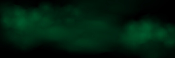 Obraz premium Green fog or smoke cloud on black background. Realistic smoke effect vector illustration. Gas cloud, smoky mist, toxic vapor, meteorological phenomenon, condensation over land or water surface.