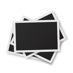 Stack of blank retro photo frames. Empty vintage photographs with white borders on white background. Collage template for memory album, scrapbook, or nostalgic design. Realistic vector illustration.