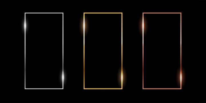 Gold, silver and bronze vertical rectangle thin frames. Metal photo or picture frames isolated on black background. Simple object mockup. 3d realistic empty template vector illustration set.