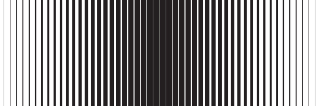Vertical black and white stripes pattern. Graphic background with parallel thick and thin lines. Geometric backdrop with optical illusion effect. Abstract vector illustration.