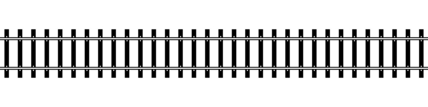 Top view of straight railway isolated on white background. Direct railroad track with rails and ties. Transportation infographic. Seamless vector illustration.