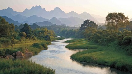 Fototapeta premium Lush Green River Valley with Rolling Mountains and Soft Morning Light