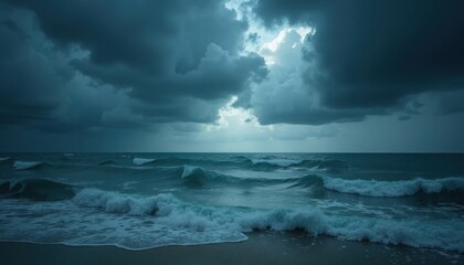 Fototapeta premium Dramatic seascape featuring dark, moody clouds gathering over the ocean with crashing waves on shore