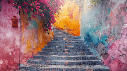World Photography Day the beauty of an image. Watercolor. stairs leading up with colorful walls