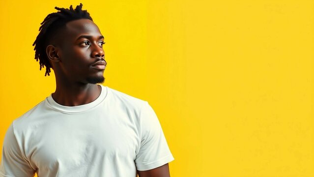 Attractive African American man wearing blank white t-shirt on yellow background blank mockup for ts