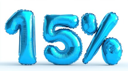 Bright blue balloon letters showing 15% in a festive style for promotions