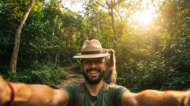 Happy man taking a selfie in a lush forest while a monkey playfully holds a hat above him - selfie with monkey