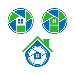 Real Estate Photography Logo Design with House and Camera Shutter Icon