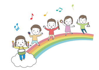 虹の上で楽しそうに楽器を演奏している子供たち