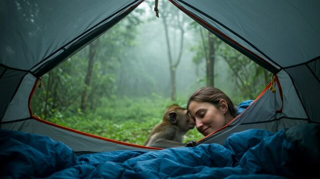 A woman smiles at a monkey from inside a tent in a misty forest, capturing a moment of connection - selfie with monkey