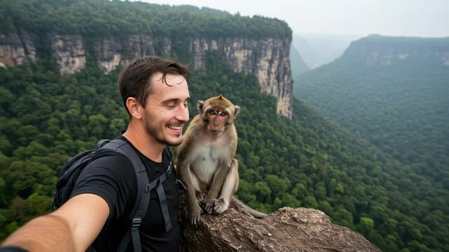 Adventurous hiker taking a selfie with a monkey on a rocky ledge overlooking lush green mountains - selfie with monkey