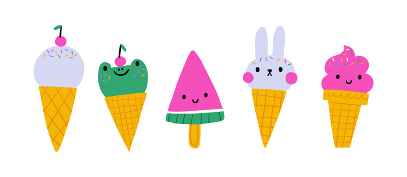 Cute cartoone ice cream - vector illustration in flat style. Playful deserts