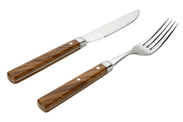 Fototapeta premium Elegant wooden handle knife and fork set isolated on a white background