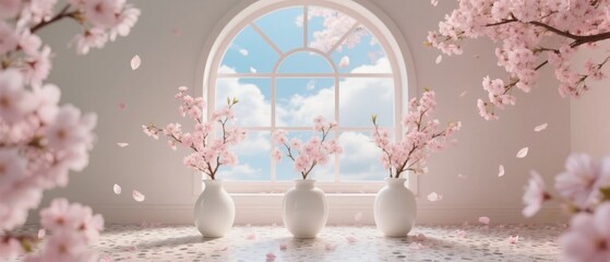Three vases with cherry blossoms in front of an arched window